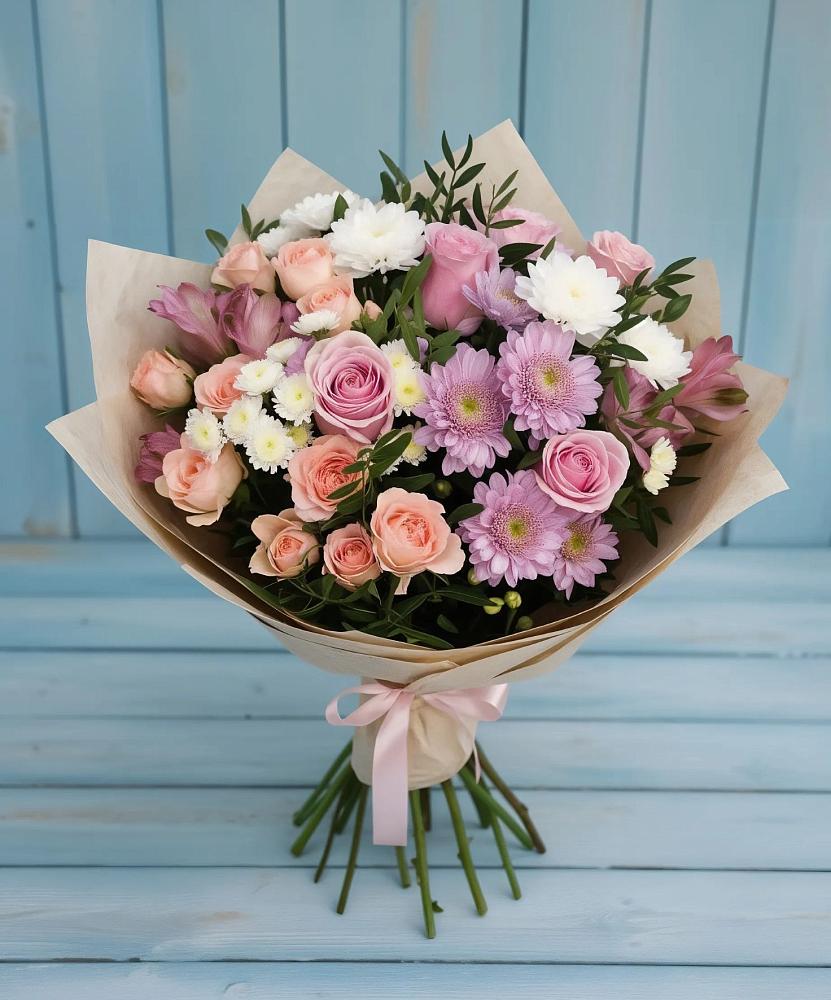 Букет цветов из: Хризантемы, Розы и Альстромерии в Раменки