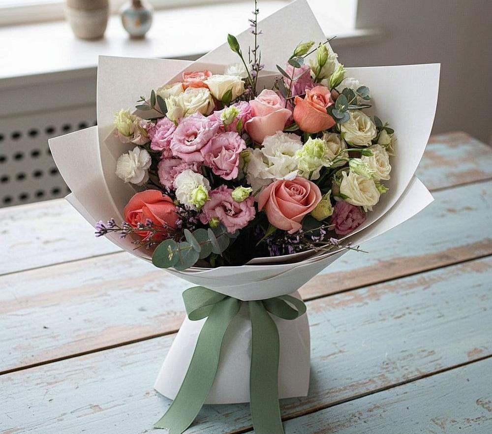 Букет цветов из: Розы, Лизиантусы и Гвоздики в Раменки