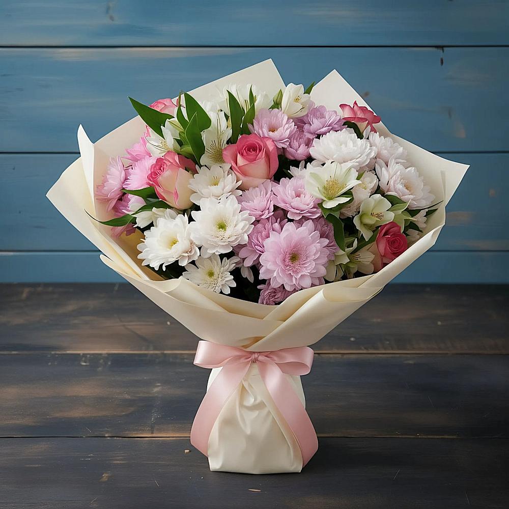 Букет цветов из: Хризантемы, Альстромерии и Розы в Раменки